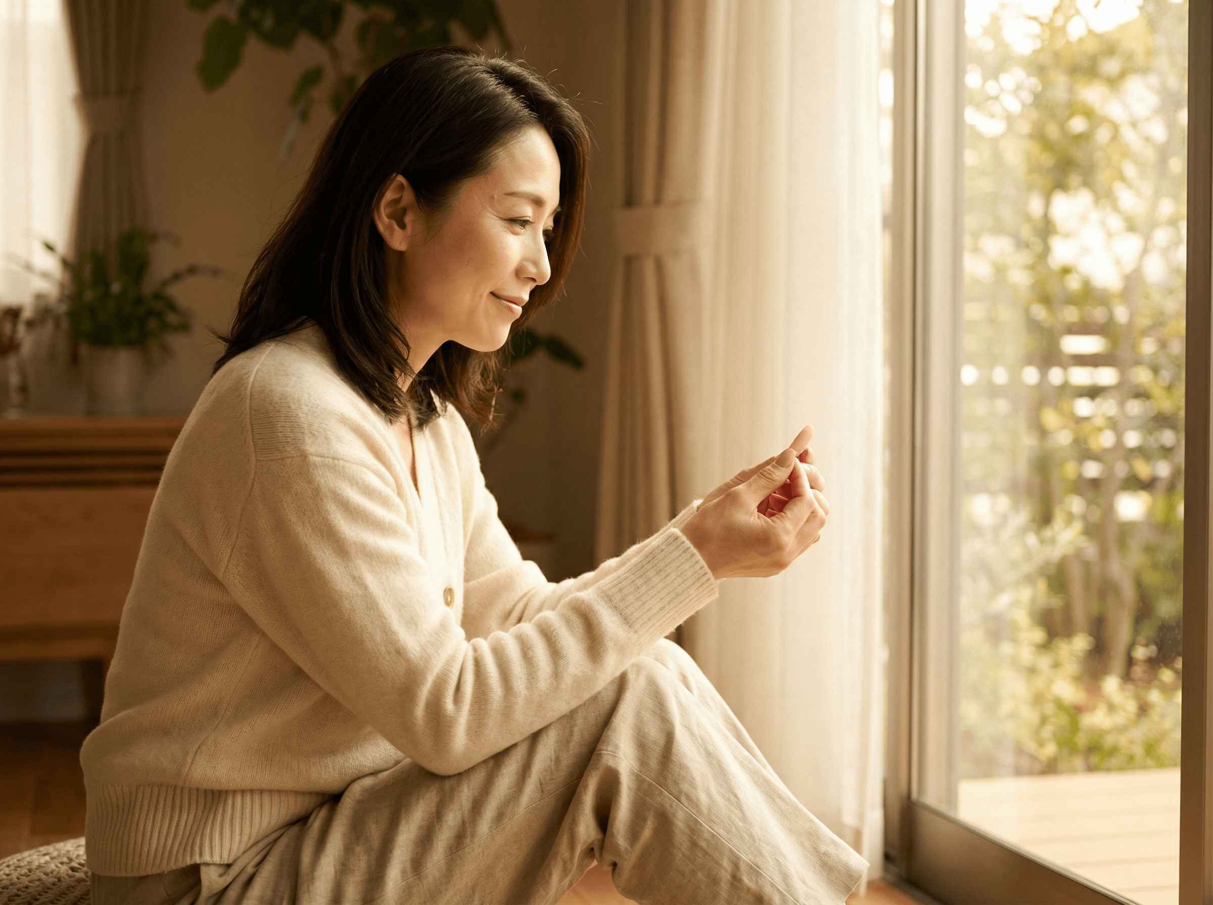 窓際で静かにネイルチップを見つめる女性