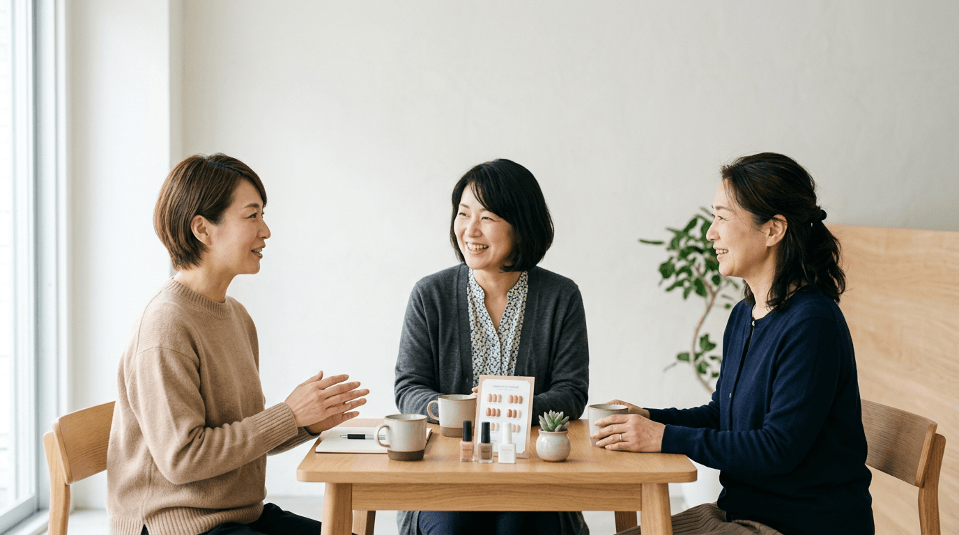 シンプルな背景の室内で、三人の女性がテーブルを囲み穏やかに会話している様子